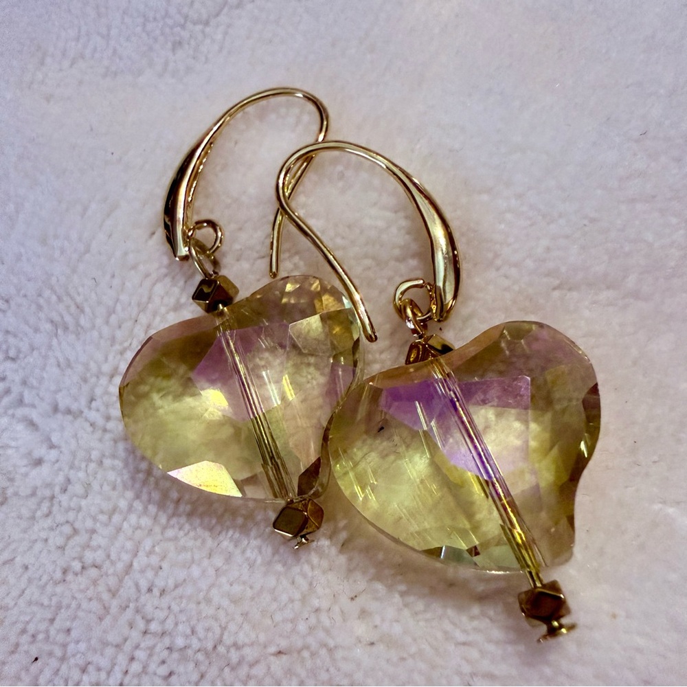 Iridescent Heart-Shaped Crystal Drop Earrings on 18KGP Hook Ear Wires - Picture 3 of 4